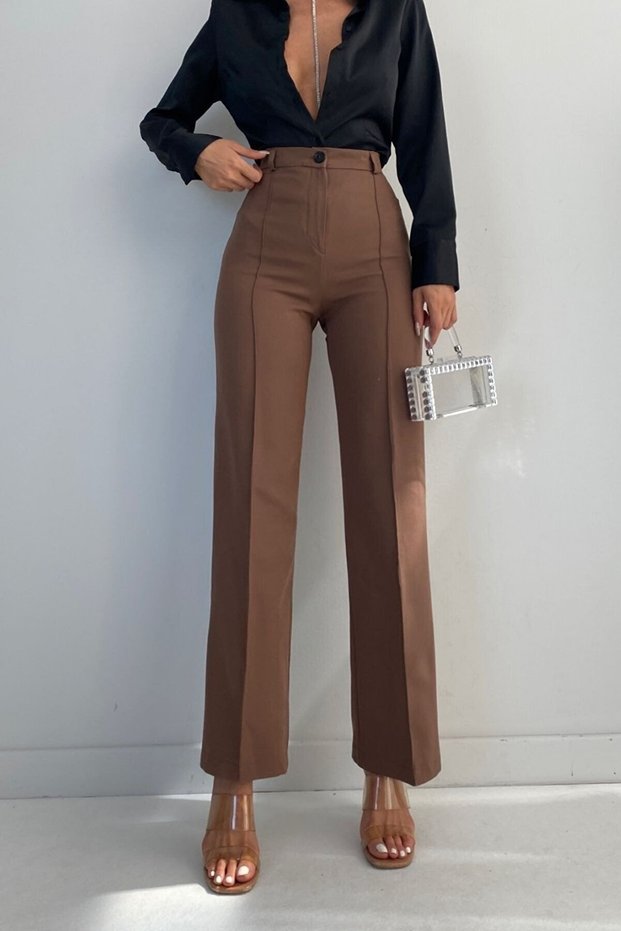 Tess Gold Brown Seam-Detail Women's Loose 90's Super High-Waisted Wide-Leg Palazzo Pants