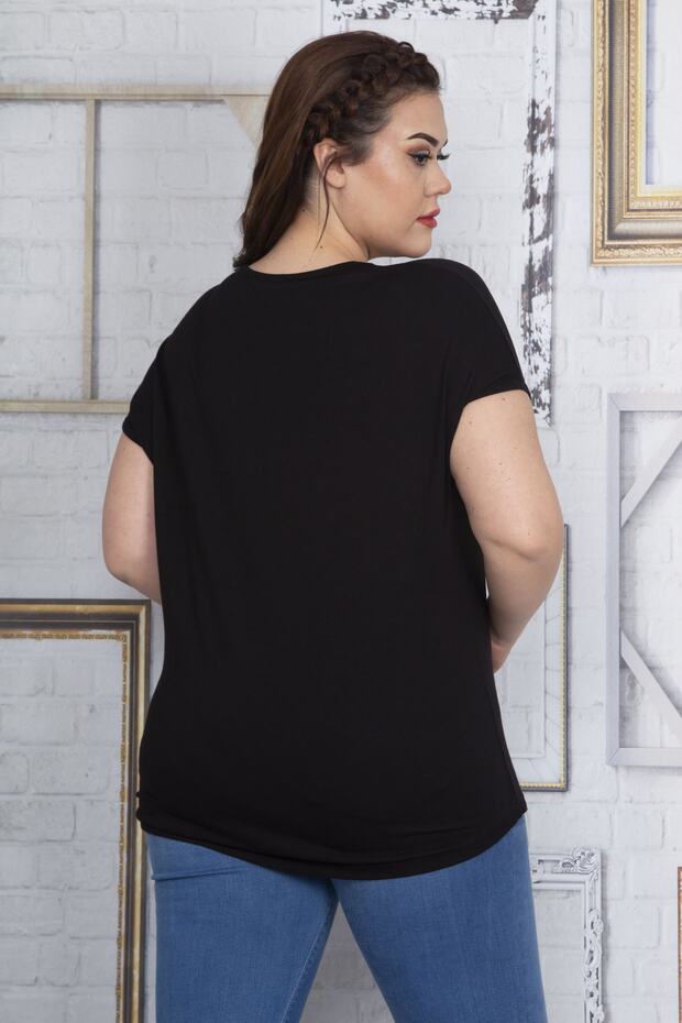 Women's Large Size Black Pocket Embroidery Detailed Low Sleeve Viscose Blouse 65n22716 - 3