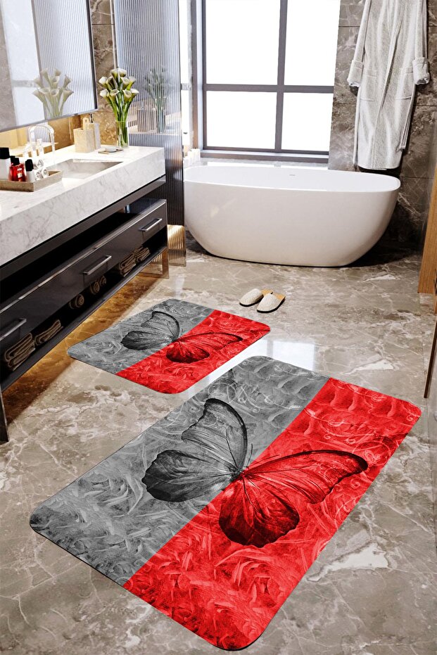 Gray Red Butterfly 2-Piece Bath Mat Set Mktbp-0122 60x100/50x60