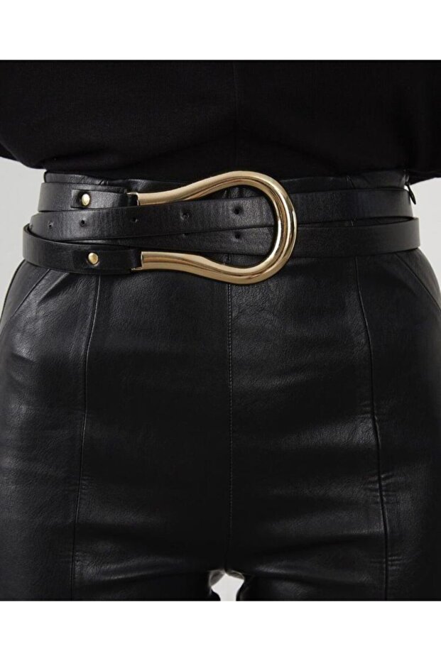 Women's Black Gold Buckle Double Belt