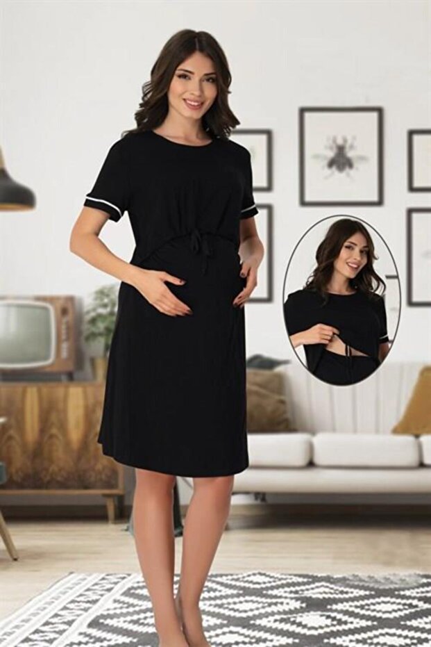 Effort Black Maternity Midi Maternity Night Dress with Breastfeeding Feature