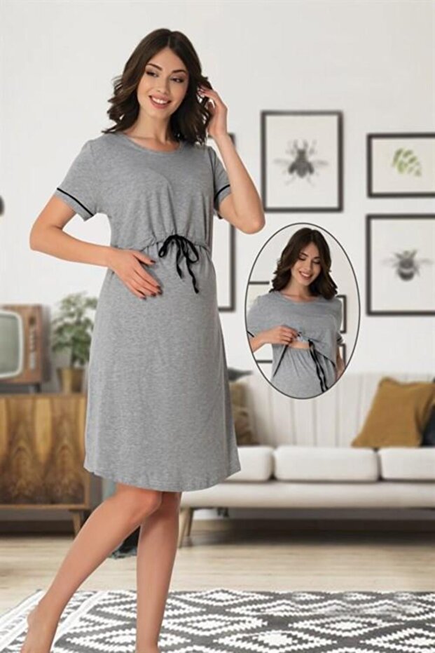 Effort Gray Maternity Midi Maternity Night Dress with Breastfeeding Feature