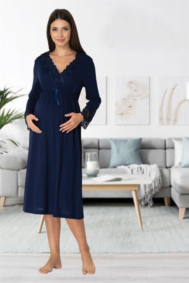 Effort Navy Blue Soft Lace Collar Pregnant Maternity Nightgown