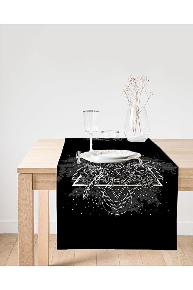 White Decorative Patterned Suede Runner on Black Background - 1
