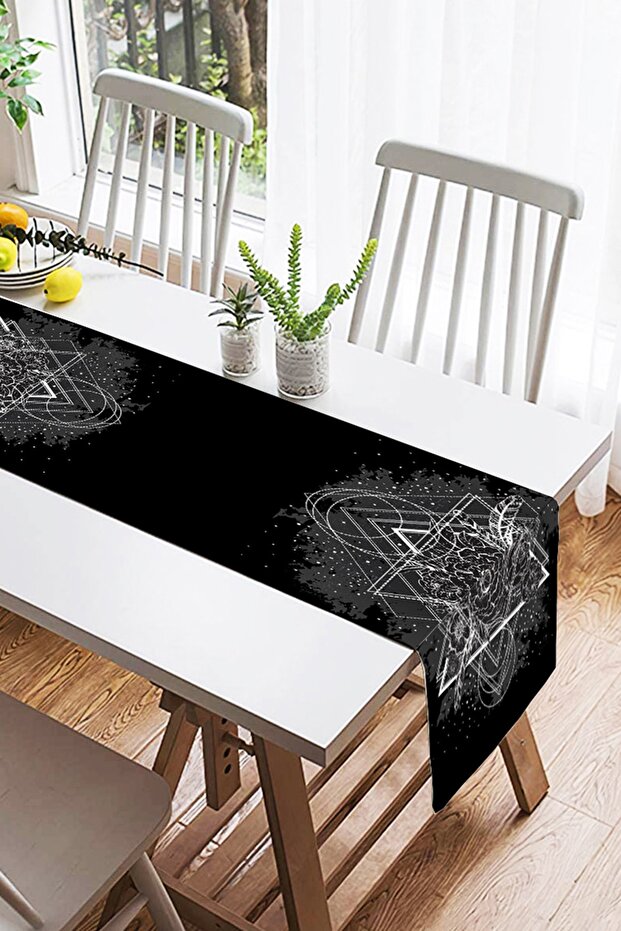 White Decorative Patterned Suede Runner on Black Background - 2