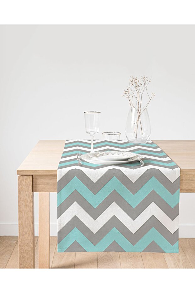 Gray Turquoise Zigzag Patterned Digital Printed Decorative Suede Runner - 1