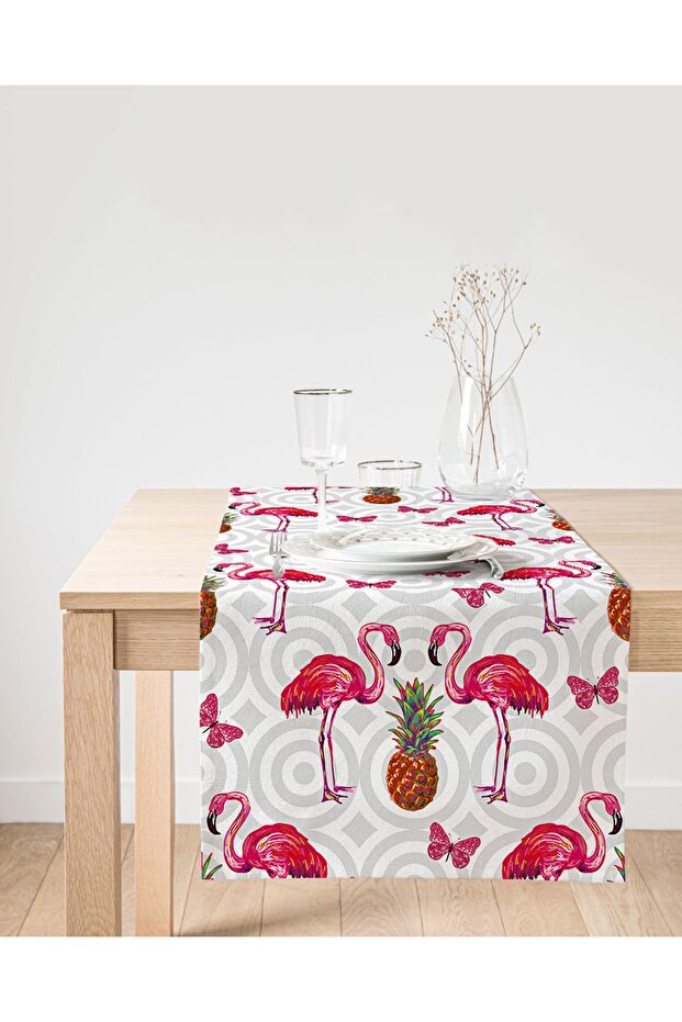 Flamingo Patterned Digital Printed Decorative Suede Runner - 1