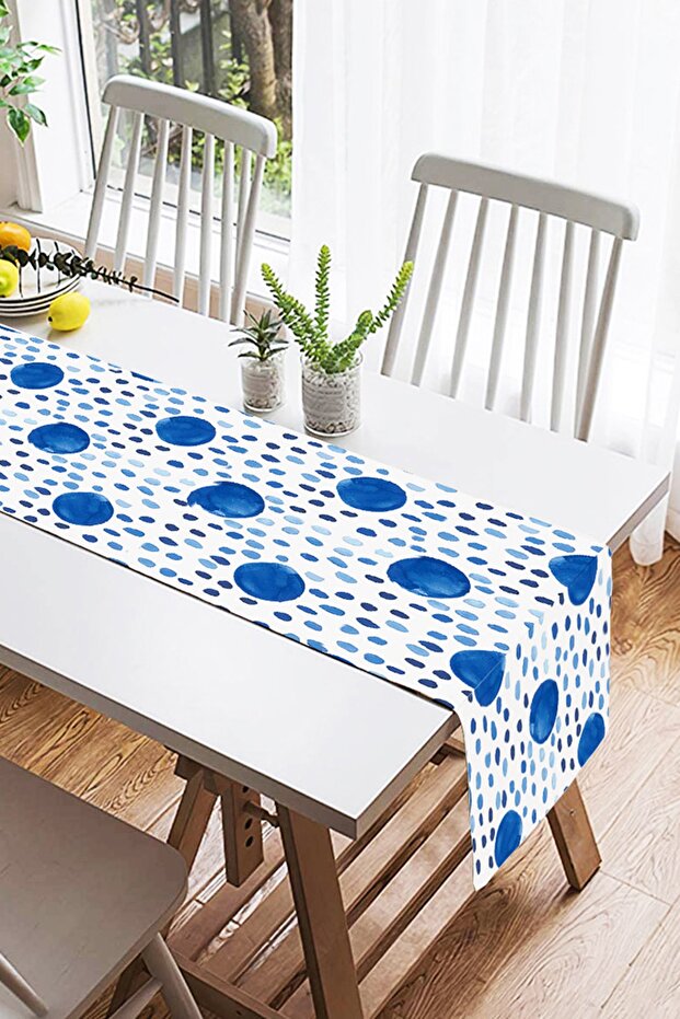 Blue Round Patterned Digital Printed Modern Suede Runner - 2