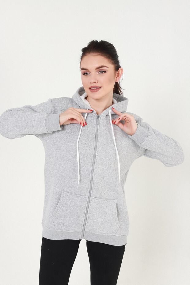 Gri Kapüşonlu Fermuarlı Sweatshirt - 1