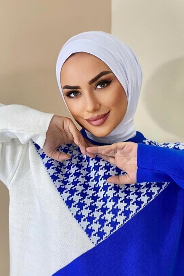 Hijabchi Women's Hijab White Snap Neck Collar Hijap Bonnet Model Scarf Shawl