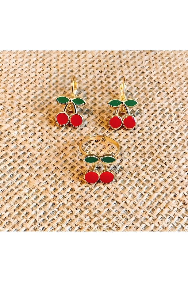 Kirazlı Çocuk Küpe Ve Yüzük Set, Çocuk Yüzük Ve Küpe Set - 1