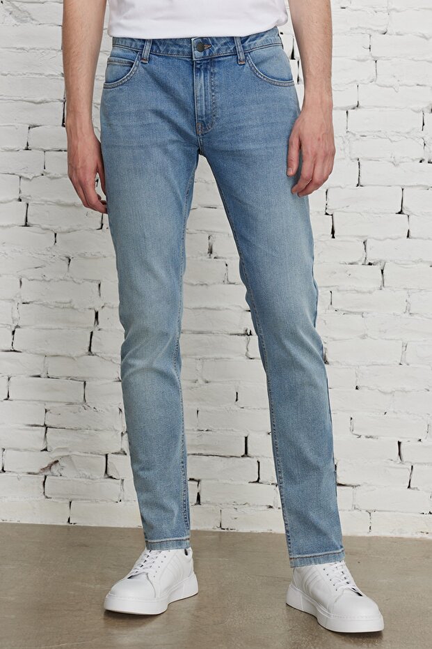 Men's Blue Extra Slim Fit Slim Fit Cotton Stretchy Rıss Jeans Denim