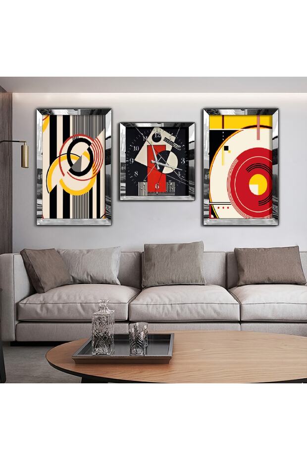 Colorful Mirrored Triple Mdf Table Set and Clock Set with Silver Mirrored Plexiglass Frame