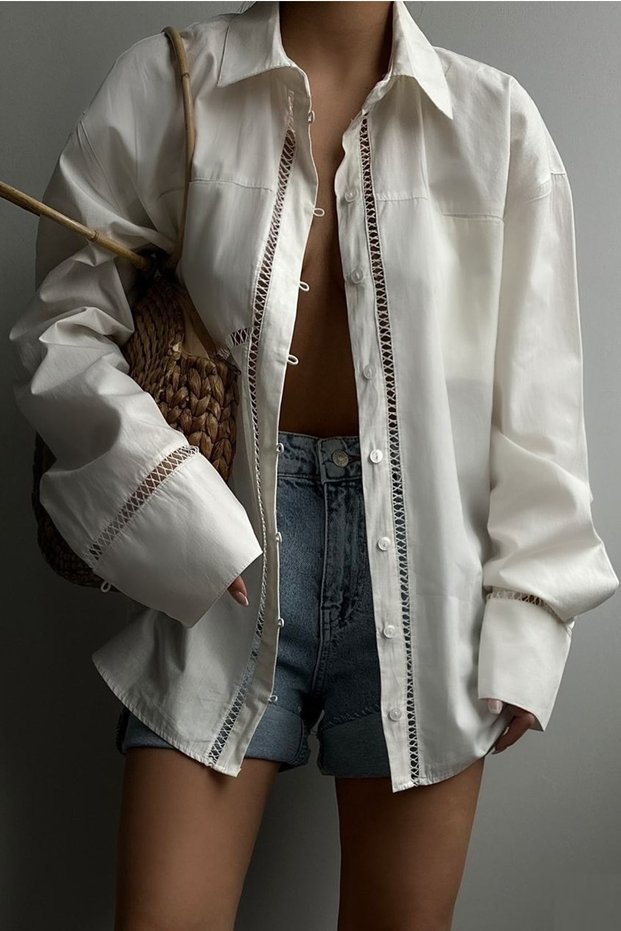 Women's White Laser Cut Midi Shirt 23s18013