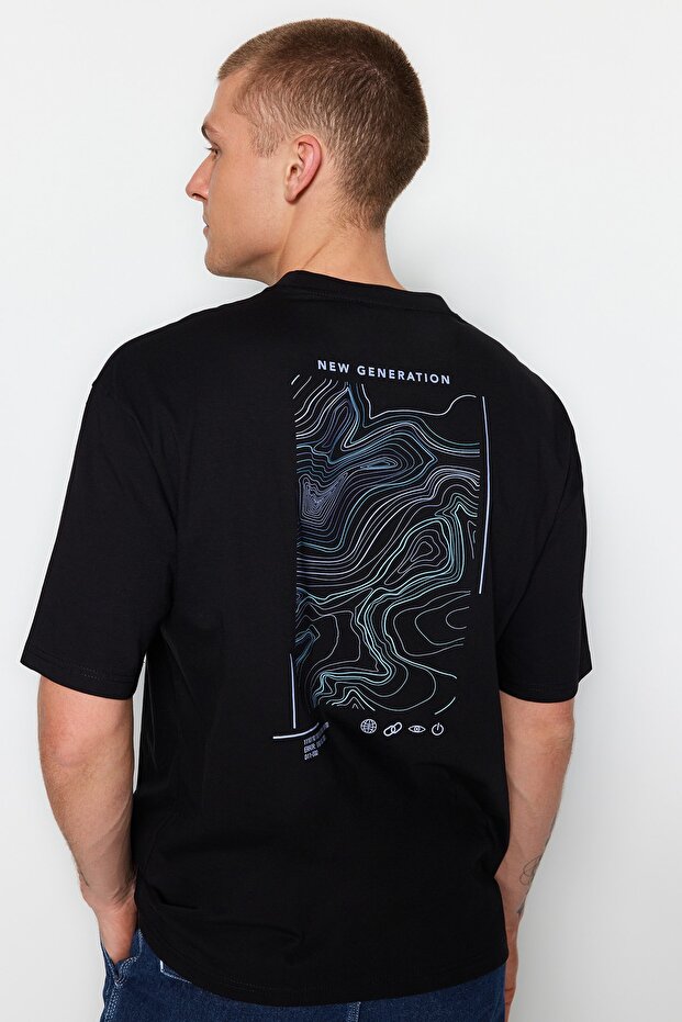 Siyah Oversize/Geniş Kesim Baskılı %100 Pamuklu T-Shirt TMNSS23TS00238 - 1