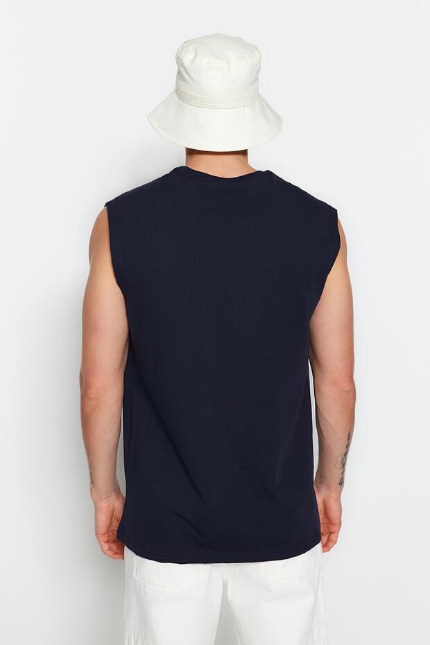 Lacivert Oversize/Geniş Kesim Şehir Baskılı %100 Pamuk Kolsuz T-Shirt/Atlet TMNSS23AL00008 - 5