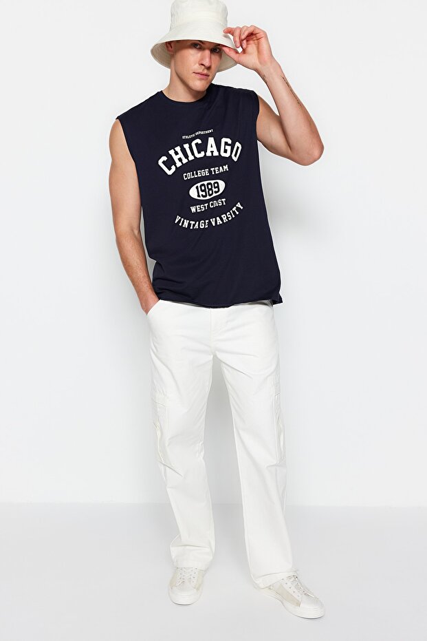 Lacivert Oversize/Geniş Kesim Şehir Baskılı %100 Pamuk Kolsuz T-Shirt/Atlet TMNSS23AL00008 - 4