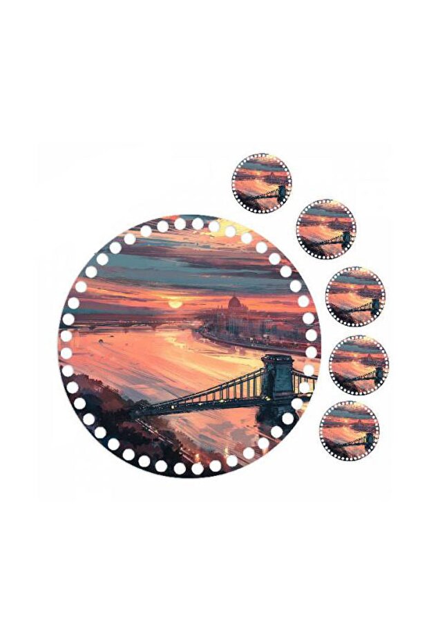 30 Cm Round Landscape Printed Knitted Wooden Tray Base Plate, 5 Pieces 10 Cm Printed Under Cup