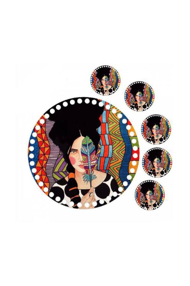 30 Cm Round Women's Figure Printed Knitted Wooden Tray Base Plate, 5 Pieces 10 Cm Printed Under Cup