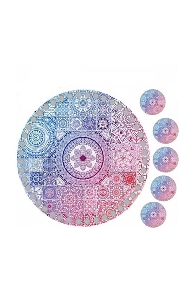 30 Cm Traditional Motif Printed Knitted Wooden Tray Plate, 5 Pieces 10 Cm Printed Under Cup
