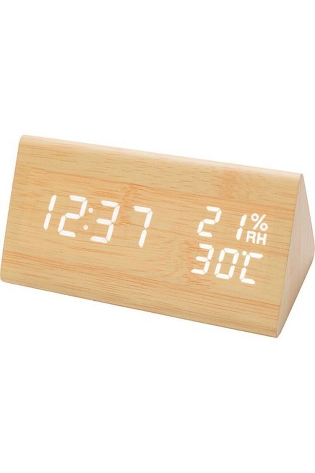 Led Ekranlı Dijital Üçgen Bambu Ahşap Masa Saati Alarm Takvim Ses Komutlu - 3