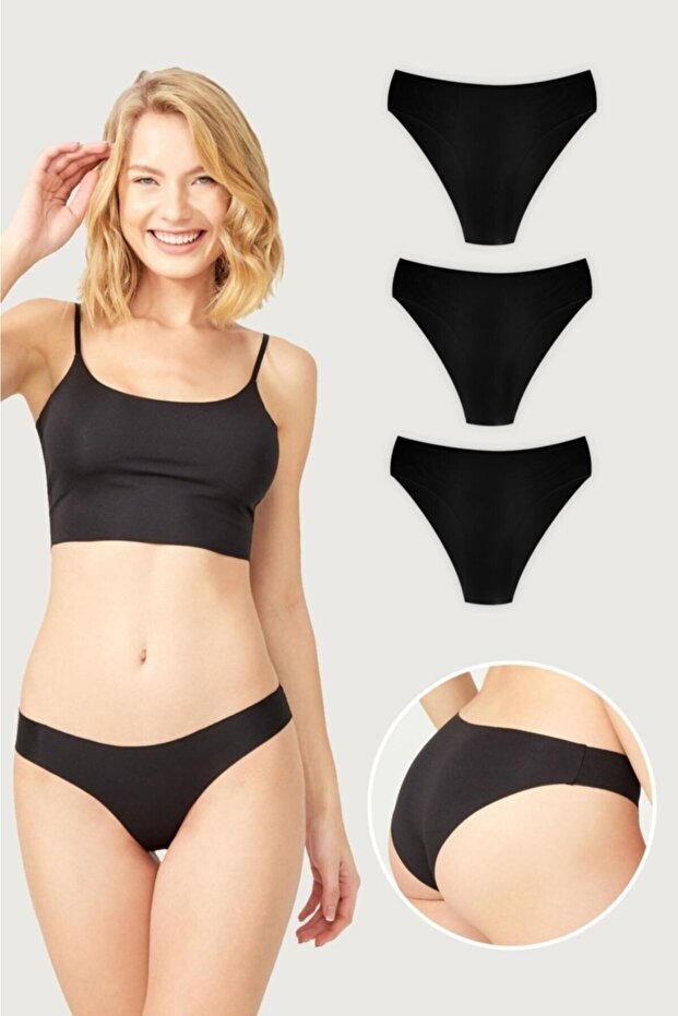 Gecko Women's Bikini Laser Cut Non-Marking, Invisible, Soft, Underwear Panties 3-Piece Black