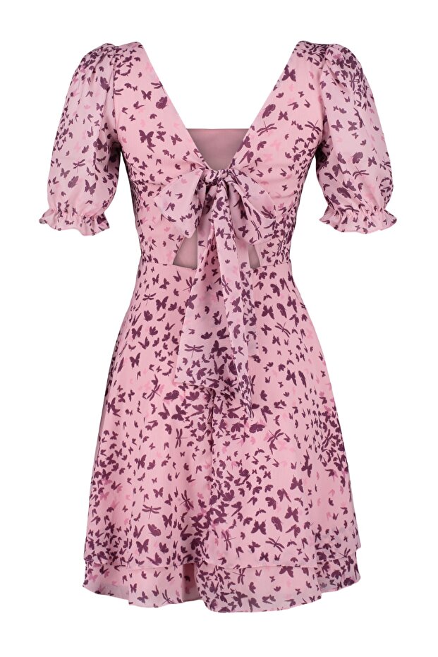 Pembe Desenli Belden Açılan Mini Astarlı Şifon Dokuma Elbise TWOSS23EL01171 - 8