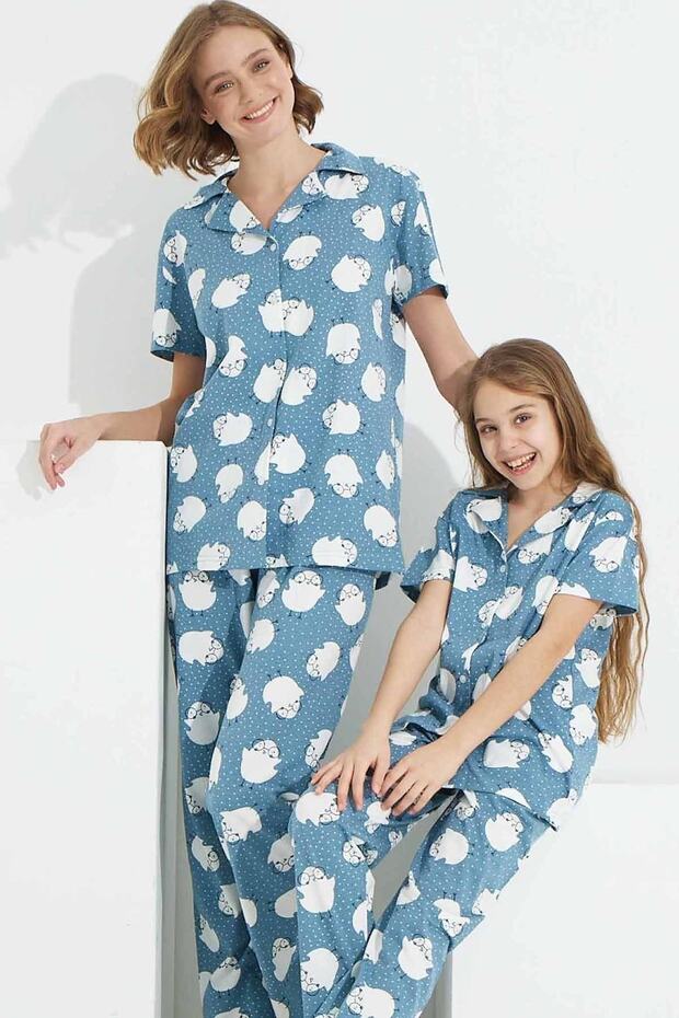 Mavi Civciv Desenli Düğmeli Örme Pijama Takım - 1
