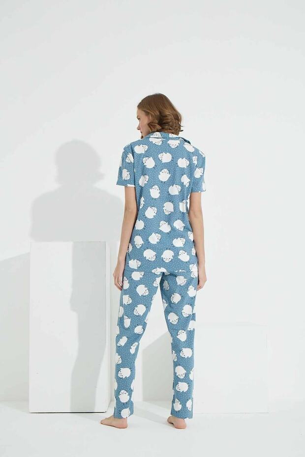 Mavi Civciv Desenli Düğmeli Örme Pijama Takım - 5