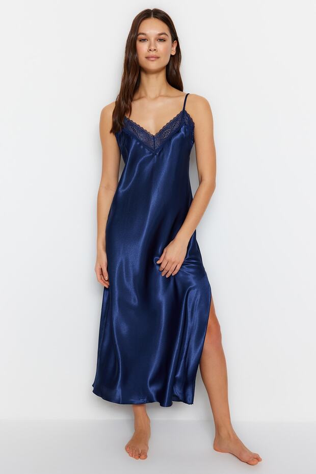 Indigo Dantelli ve Yırtmaçlı İp Askılı Saten Dokuma Gecelik THMSS23GC00021 - 3