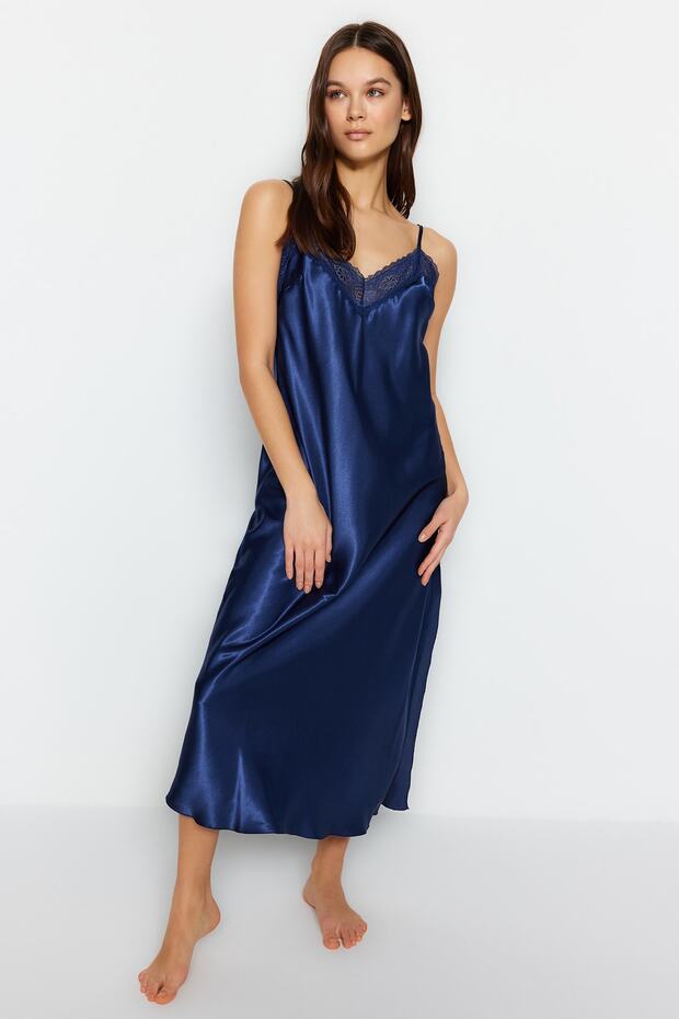 Indigo Dantelli ve Yırtmaçlı İp Askılı Saten Dokuma Gecelik THMSS23GC00021 - 4