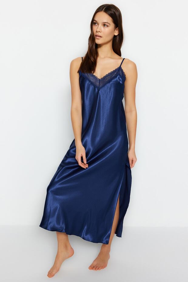 Indigo Dantelli ve Yırtmaçlı İp Askılı Saten Dokuma Gecelik THMSS23GC00021 - 8