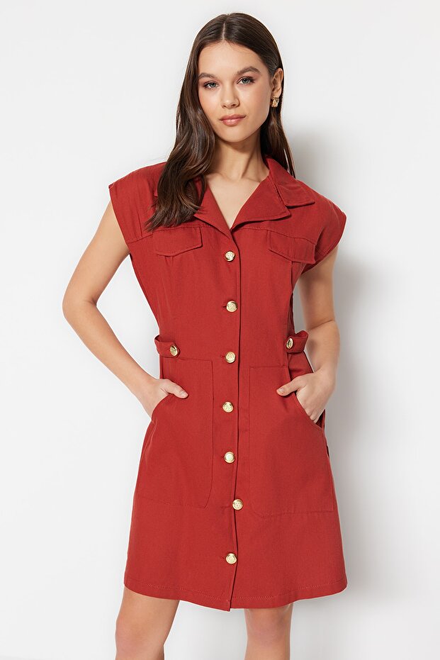 Tarçın Düğme Detaylı Gabardin Mini Dokuma Gömlek Elbise TWOSS22EL2970 - 1