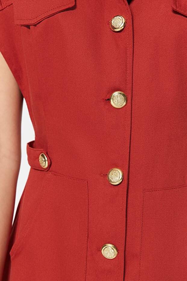 Tarçın Düğme Detaylı Gabardin Mini Dokuma Gömlek Elbise TWOSS22EL2970 - 4