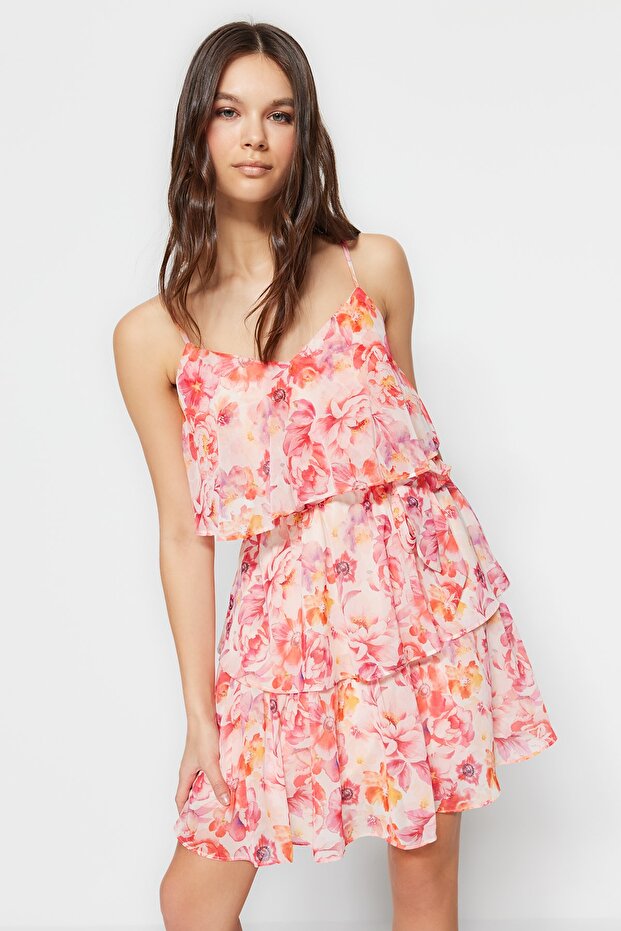 Pembe Çiçek Desenli Belden Açılan Boho Astarlı Şifon Uçuş Uçuş Dokuma Mini Elbise TWOSS23EL01445 - 5