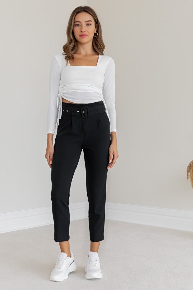 Women's High Waist Belted Trousers Qns040 - Black