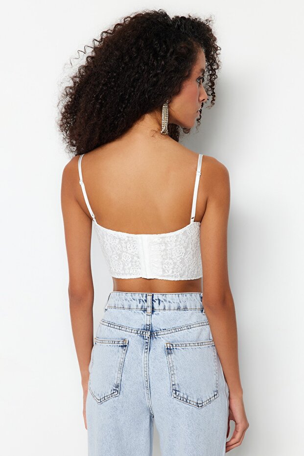 Ekru Crop Astarlı Korse Detaylı Agraflı Örme Dantel Büstiyer TPRAW23BS00062 - 5