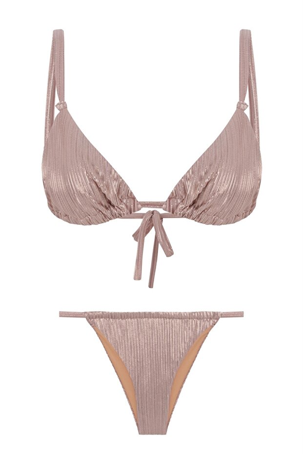 Shiny Powder Pleated Knot Detailed Triangle Bikini Set