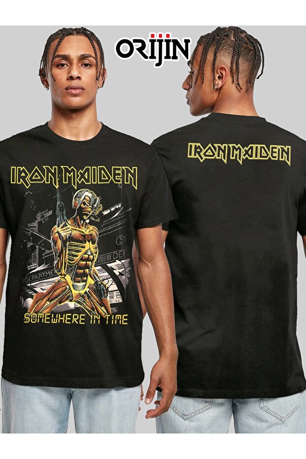 تيشيرت أسود للجنسين مطبوع عليه Iron Maiden Somewhere In Time من الأمام والخلف