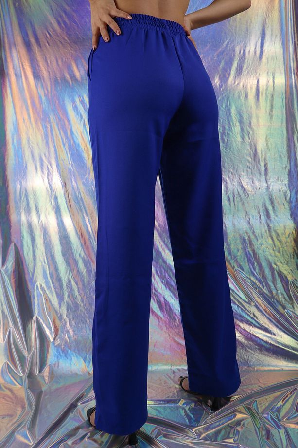 Mavi Double Krep Kumaş Boru Paça Yüksek Bel Pantolon - 4