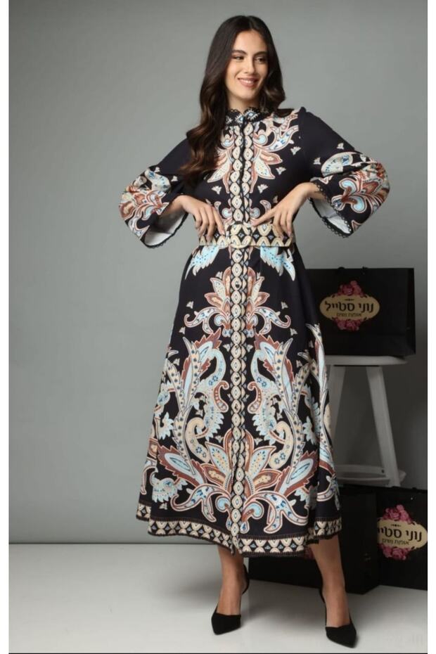 Atlas Fabric Dress & Lace Detail (Belt Included) - Black
