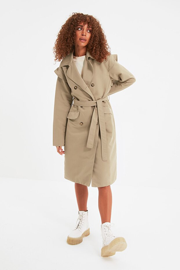 Beige Oversized Wide-Cut Belted Water-Repellent Long Trench Coat TWOAW22TR0010