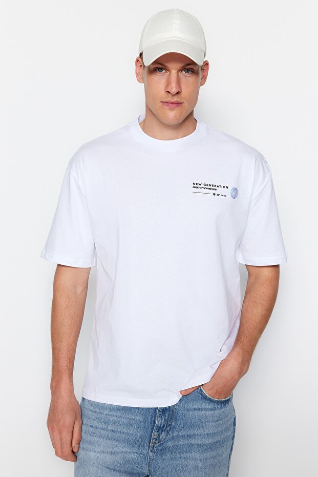Beyaz Oversize/Geniş Kesim Baskılı %100 Pamuklu T-Shirt TMNSS23TS00238 - 2