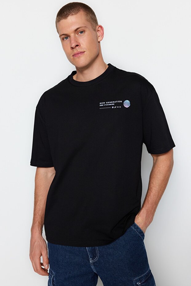 Siyah Oversize/Geniş Kesim Baskılı %100 Pamuklu T-Shirt TMNSS23TS00238 - 2