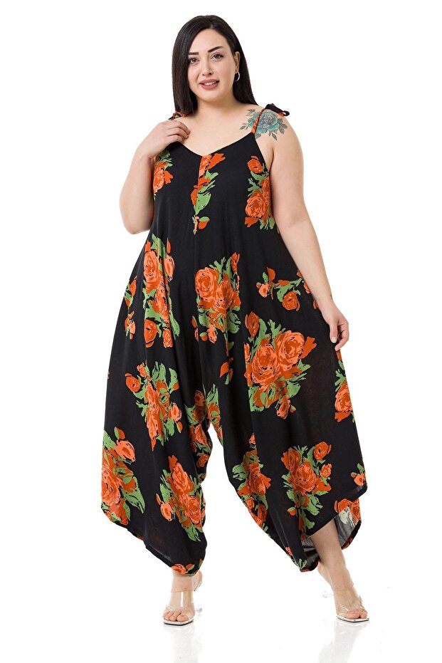 Plus Size Adjustable Rope Strap Woven Viscose Orange Floral Women's Jumpsuit