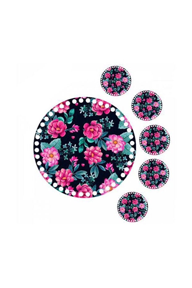 30 Cm Round Flower Printed Knitted Wooden Tray Base Plate, 5 Pieces 10 Cm Printed Under Cup 014
