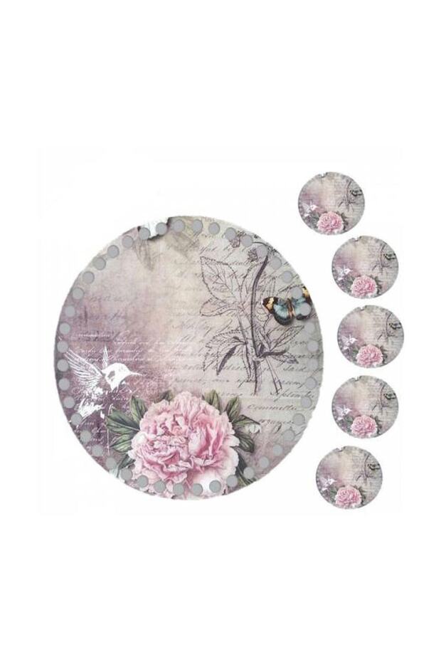 30 Cm Round Flower Printed Knitted Wooden Tray Base Plate, 5 Pieces 10 Cm Printed Under Cup 017