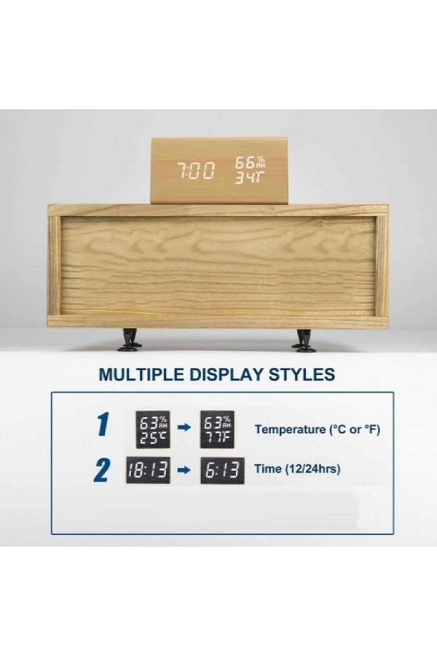 Led Ekranlı Dijital Üçgen Bambu Ahşap Masa Saati Alarm Takvim Ses Komutlu - 4