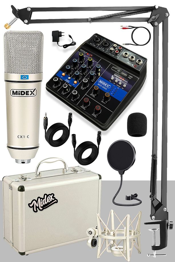 CX1 Mixer Set Condenser Mikrofon Ses Kartlı Mikser + Stand + Filtre - 1