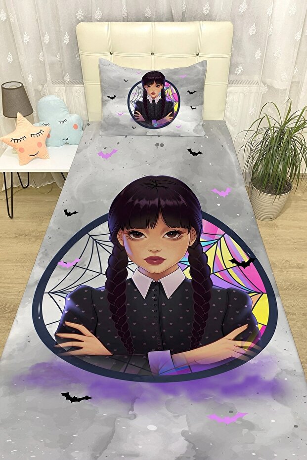 Gray Framed Wednesday Addams Patterned Bedspread and Pillowcase
